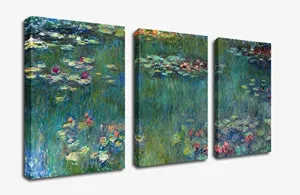 WATER LILIES BY CLAUDE MONET OIL PAINTING CANVAS PRINTS WALL ART DECOR FRAMED READY TO HANG - 3 PANEL LARGE SIZE 30 BY 60 INCH MODERN GICLEE ART WORK FOR HOME OFFICE LIVING ROOM BEDROOM DECORATION